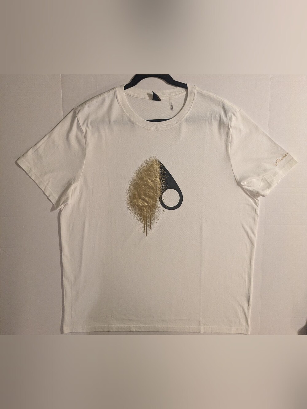 Moose Knuckles Men's White Graphic T-Shirt w/ Gold & Black Print-